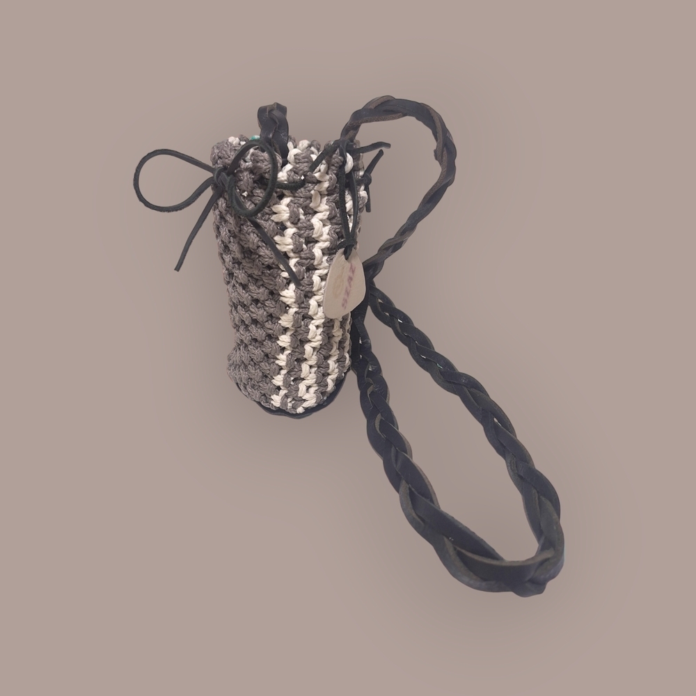 Chic Black and Gray Woven Koozie Bag Genuine Leather Strap